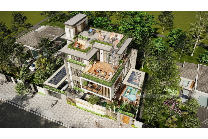 Mẫu thiết kế biệt thự mặt tiền 14m sâu 10m 3 tầng hiện đại BT2332