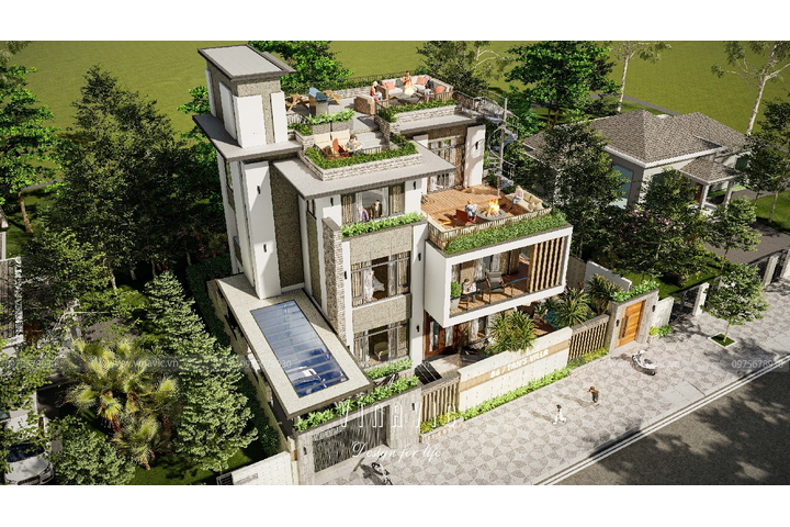 Mẫu thiết kế biệt thự mặt tiền 14m sâu 10m 3 tầng hiện đại BT2332