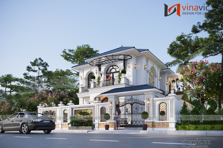 Mẫu biệt thự vuông 2 tầng tân cổ điển mặt tiền 12m sâu 12m BT2333
