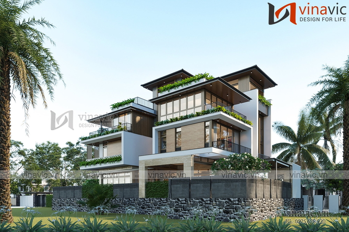 Thiết kế biệt thự mặt tiền 12m 3 tầng hiện đại có sân thượng rộng BT2336