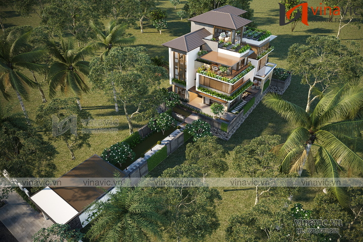 Thiết kế biệt thự mặt tiền 12m 3 tầng hiện đại có sân thượng rộng BT2336