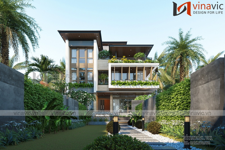 Thiết kế biệt thự mặt tiền 12m 3 tầng hiện đại có sân thượng rộng BT2336