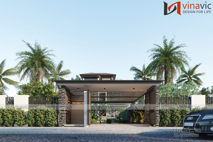 Thiết kế biệt thự mặt tiền 12m 3 tầng hiện đại có sân thượng rộng BT2336