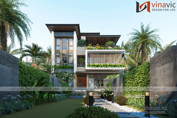 Thiết kế biệt thự mặt tiền 12m 3 tầng hiện đại có sân thượng rộng BT2336