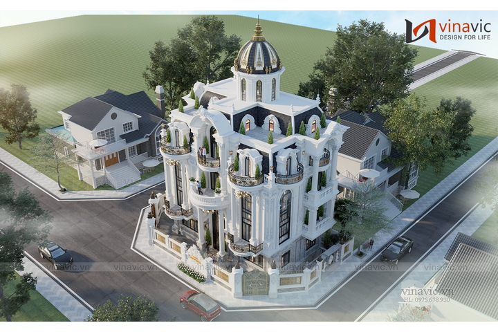 Thiết kế biệt thự 4 tầng tân cổ điển đẹp lô góc 144m2 (16x9m) BT2339