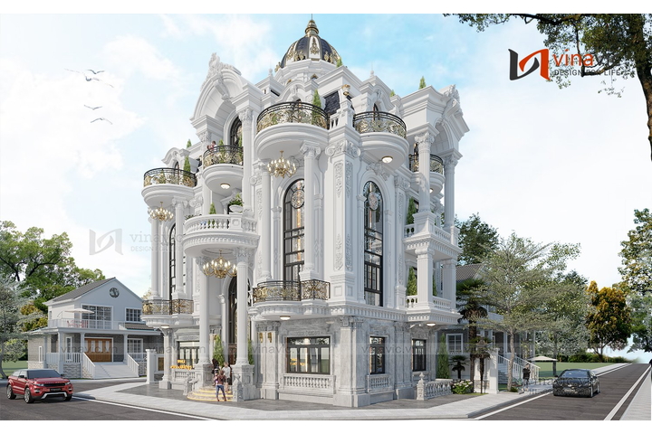 Thiết kế biệt thự 4 tầng tân cổ điển đẹp lô góc 144m2 (16x9m) BT2339