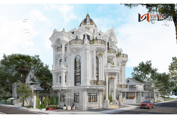 Thiết kế biệt thự 4 tầng tân cổ điển đẹp lô góc 144m2 (16x9m) BT2339