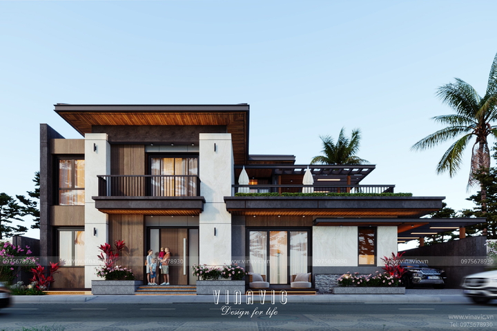 Thiết kế biệt thự mái bằng hiện đại 2 tầng 4 phòng ngủ (22x11m) BT2346