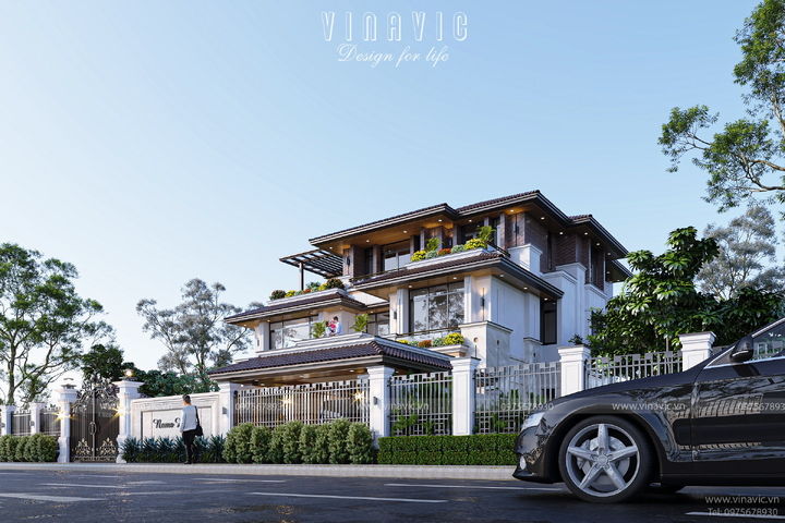Mẫu biệt thự 250m2 mặt tiền 14m 3 tầng phong cách hiện đại BT2343