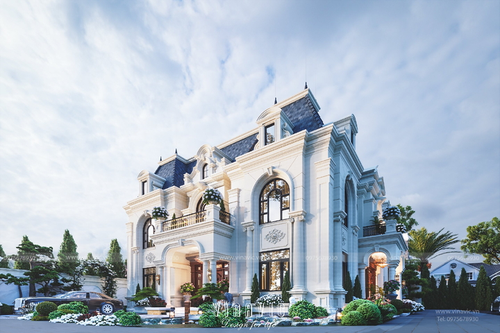 Thiết kế biệt thự mặt tiền 15m tân cổ điển 2 tầng 1 áp mái 270m2 BT2344
