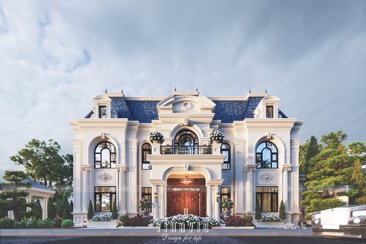Thiết kế biệt thự mặt tiền 15m tân cổ điển 2 tầng 1 áp mái 270m2 BT2344