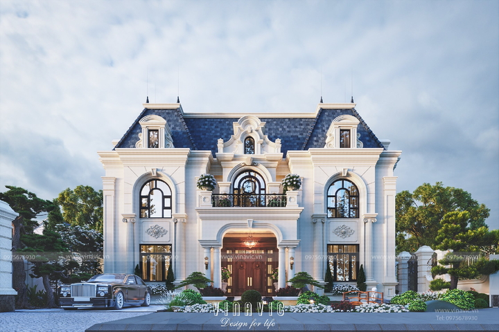 Thiết kế biệt thự mặt tiền 15m tân cổ điển 2 tầng 1 áp mái 270m2 BT2344