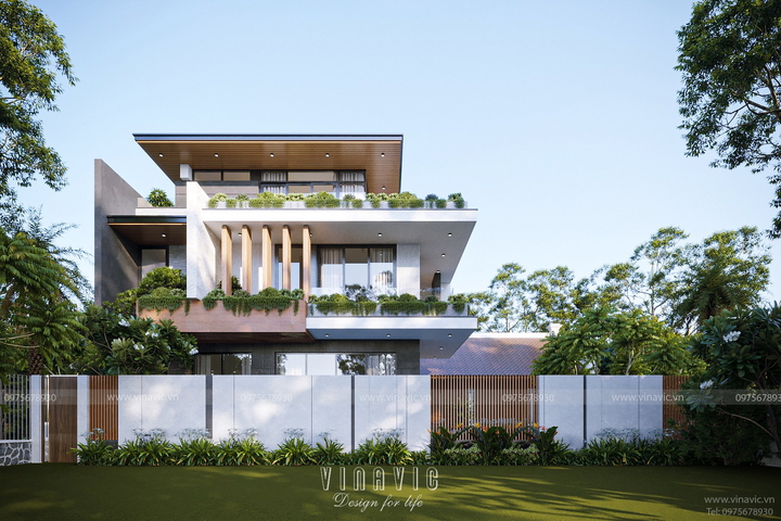 Mẫu biệt thự mặt tiền 13m x 9m thiết kế hiện đại 3 tầng BT2354