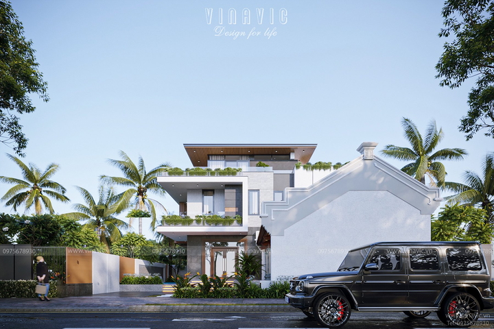 Mẫu biệt thự mặt tiền 13m x 9m thiết kế hiện đại 3 tầng BT2354