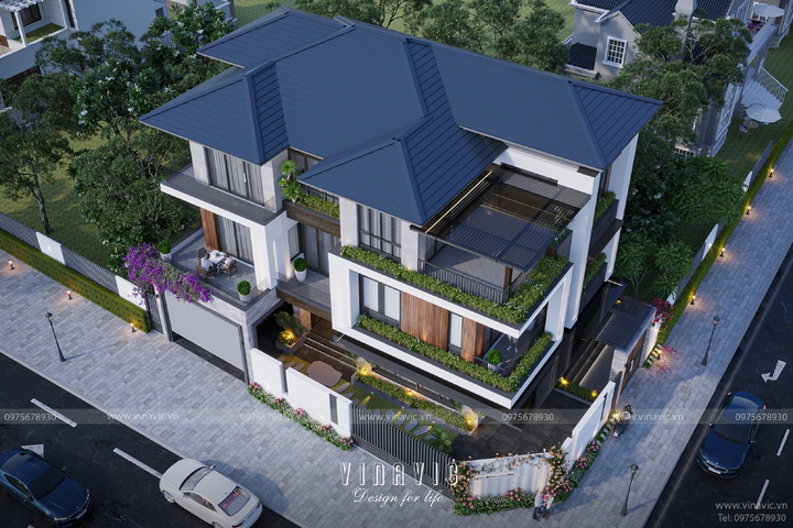Mẫu biệt thự 3 tầng hiện đại 180m2 mặt tiền 12m sâu 15m BT2372
