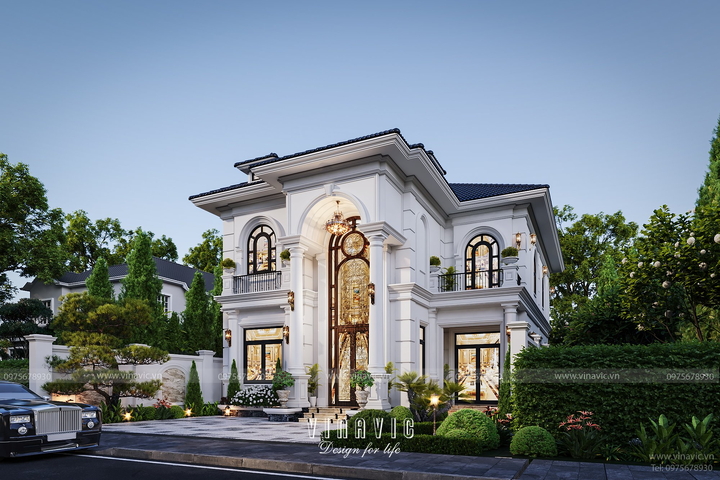 Mẫu biệt thự Tân Cổ Điển 2 tầng mái nhật 165m2 ngang 11m sâu 15m BT2376