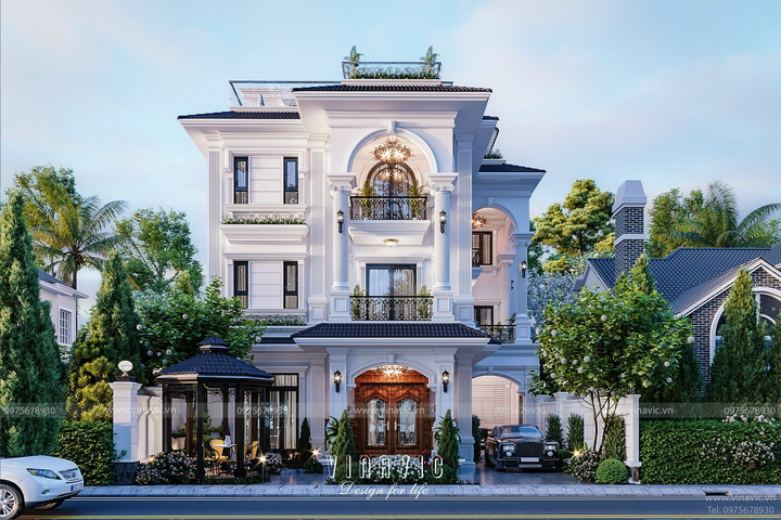 Biệt thự có hồ bơi trên sân thượng đẹp 3 tầng 1 tum 176m2 tân cổ điển BT2385