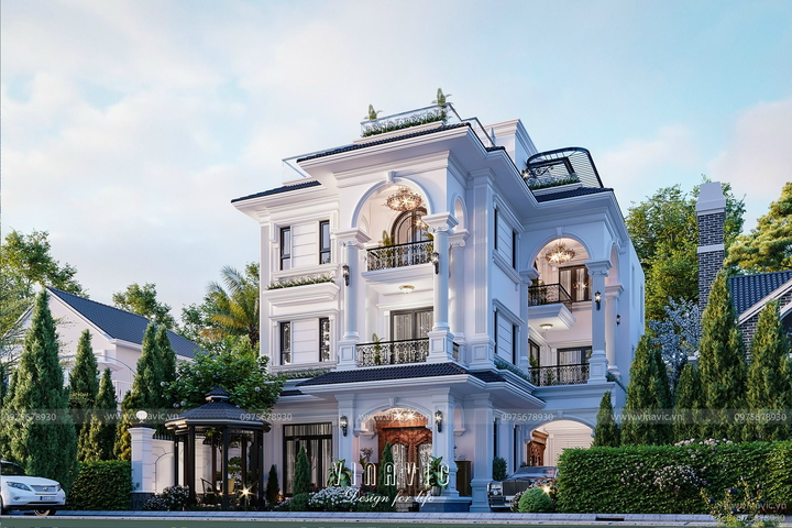 Biệt thự có hồ bơi trên sân thượng đẹp 3 tầng 1 tum 176m2 tân cổ điển BT2385