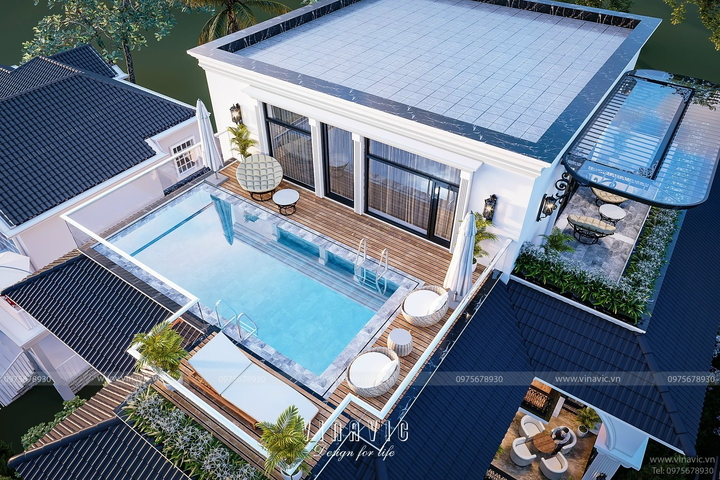 Biệt thự có hồ bơi trên sân thượng đẹp 3 tầng 1 tum 176m2 tân cổ điển BT2385