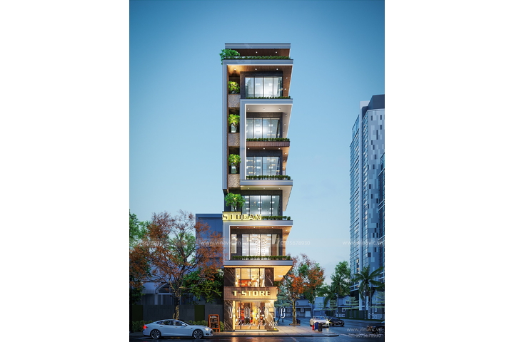 Thiết kế nhà ống 7 tầng có thang máy vừa ở vừa kinh doanh NP2348