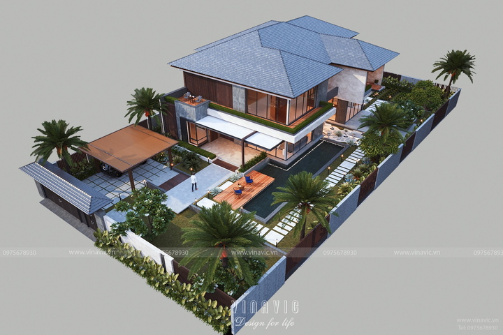 Thiết kế biệt thự nhà vườn 400m2 hiện đại 2 tầng 25m x 16m BT2357