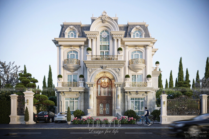 Thiết kế biệt thự tân cổ điển 3 tầng 1 áp mái đẹp đẳng cấp 17m x 11m BT2361