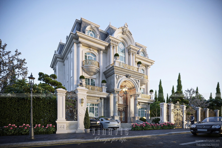 Thiết kế biệt thự tân cổ điển 3 tầng 1 áp mái đẹp đẳng cấp 17m x 11m BT2361