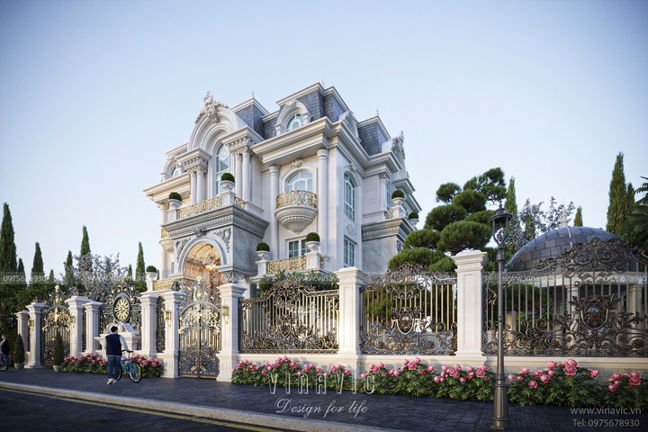 Thiết kế biệt thự tân cổ điển 3 tầng 1 áp mái đẹp đẳng cấp 17m x 11m BT2361