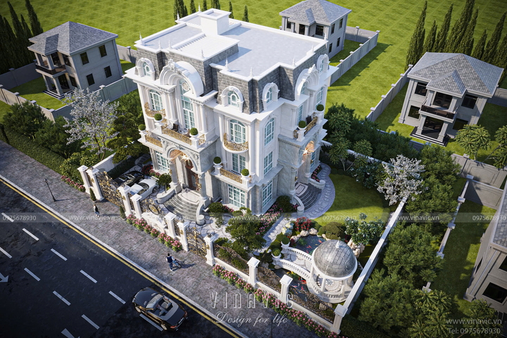 Thiết kế biệt thự tân cổ điển 3 tầng 1 áp mái đẹp đẳng cấp 17m x 11m BT2361