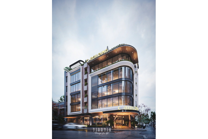 Mẫu tòa nhà văn phòng đẹp hiện đại 5 tầng 1 tum 252m2 (12x 21m) BT2370