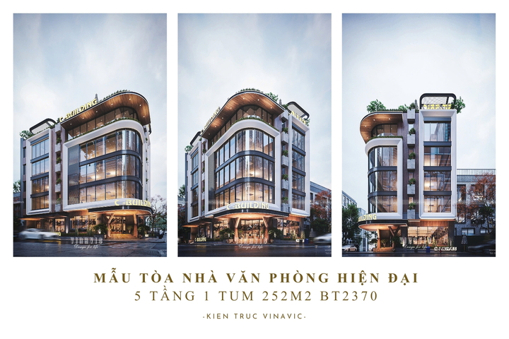 Mẫu tòa nhà văn phòng đẹp hiện đại 5 tầng 1 tum 252m2 (12x 21m) BT2370