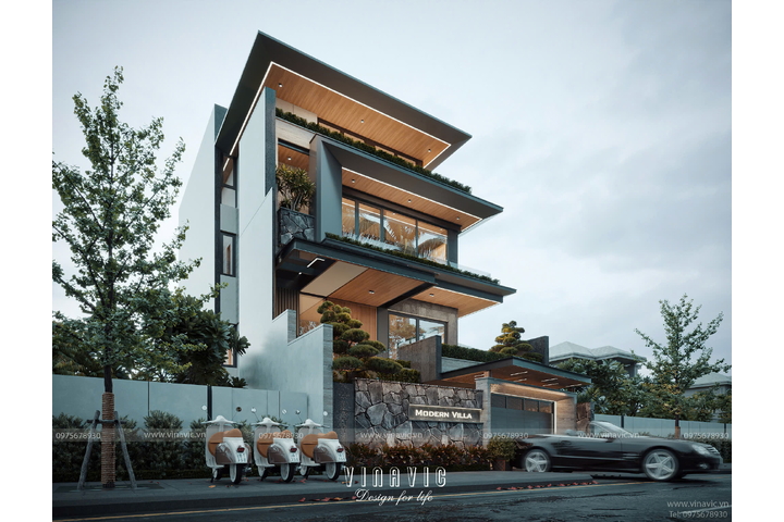 Thiết kế biệt thự phố 1 trệt 3 lầu hiện đại 150m2 (10x15m) BT2381