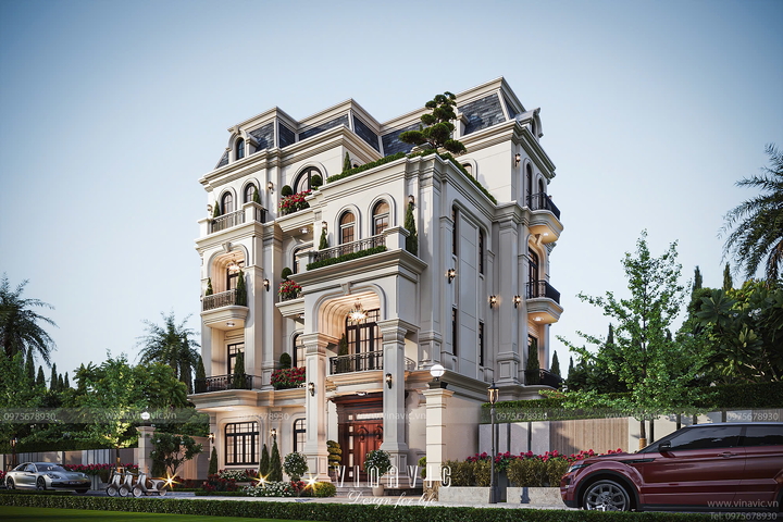 Thiết kế biệt thự phố tân cổ điển mái Mansard 4 tầng 140m2 (10x14m) BT2382