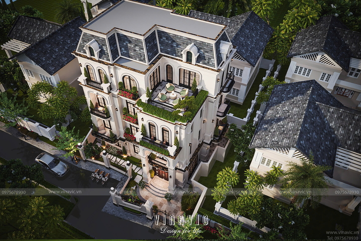 Thiết kế biệt thự phố tân cổ điển mái Mansard 4 tầng 140m2 (10x14m) BT2382