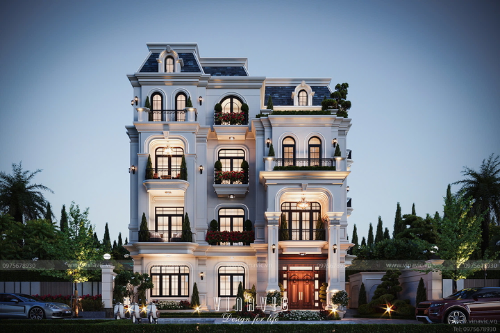 Thiết kế biệt thự phố tân cổ điển mái Mansard 4 tầng 140m2 (10x14m) BT2382