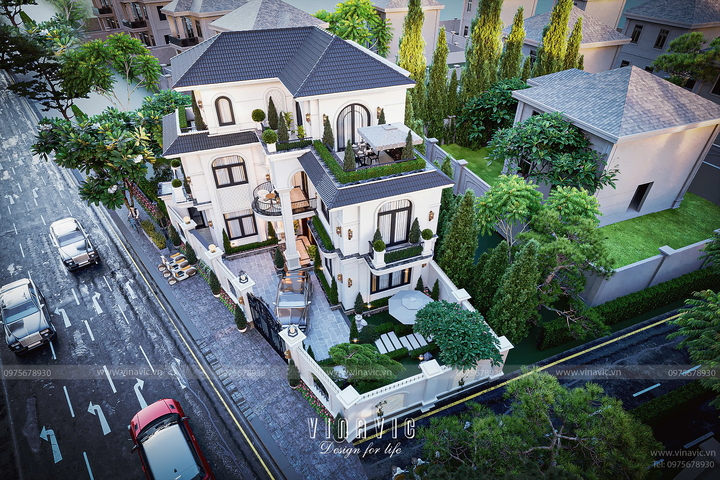 Mẫu thiết kế biệt thự 3 tầng chữ L tân cổ điển 11m x 11m BT2383