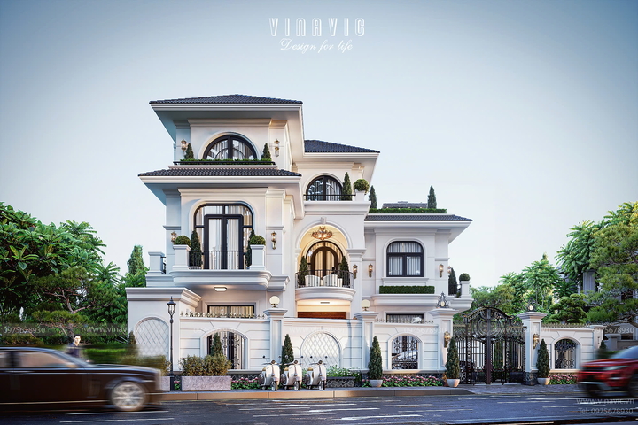 Mẫu thiết kế biệt thự 3 tầng chữ L tân cổ điển 11m x 11m BT2383
