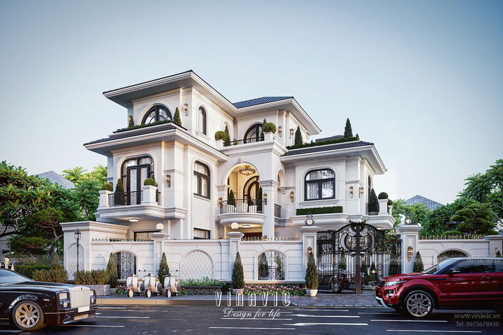 Mẫu thiết kế biệt thự 3 tầng chữ L tân cổ điển 11m x 11m BT2383