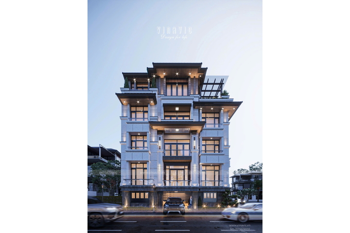 Mẫu biệt thự 5 tầng 2 mặt tiền hiện đại mái nhật 25x15m BT2384