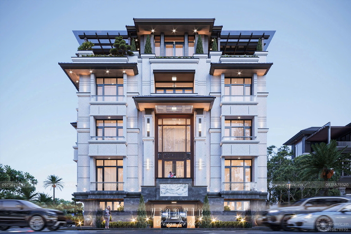 Mẫu biệt thự 5 tầng 2 mặt tiền hiện đại mái nhật 25x15m BT2384