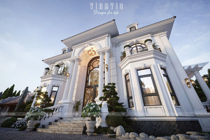 Thiết kế biệt thự tân cổ điển 2 tầng mái nhật 4 phòng ngủ 19x12m BT2385