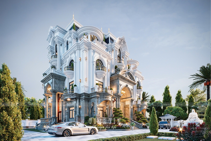 Biệt thự 3 tầng Tân Cổ Điển mái Mansard 5 phòng ngủ 24x24m BT2392