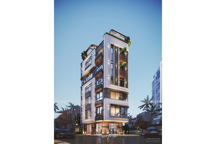 Thiết kế nhà phố góc 2 mặt tiền 7 tầng hiện đại 7x10m NP2353