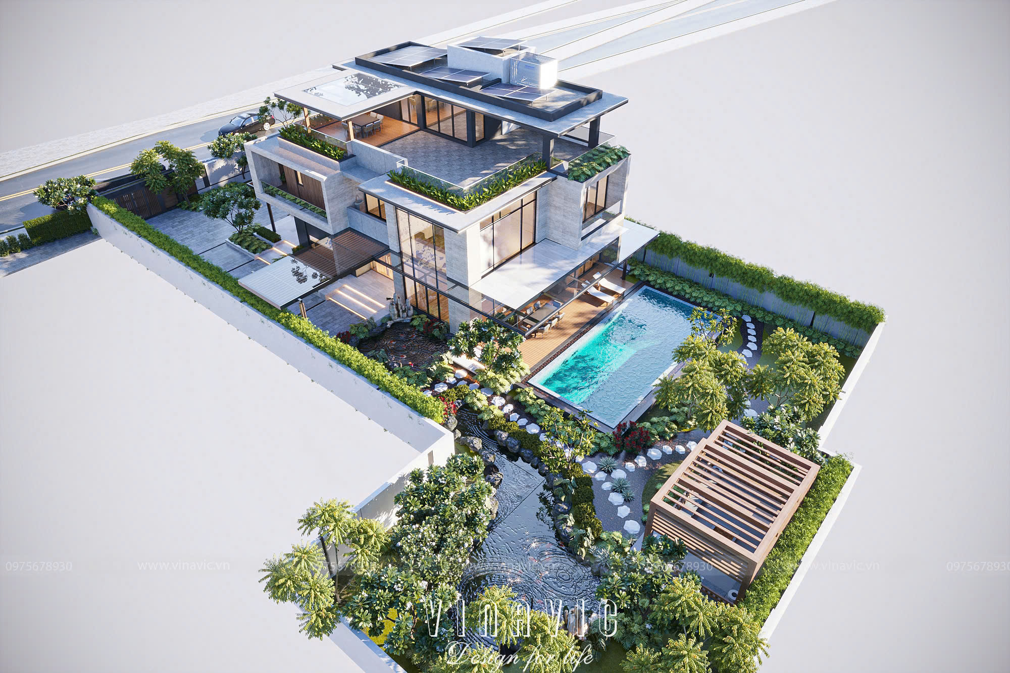 Chạm đến chuẩn mực sống mới với biệt thự chữ L 3 tầng có hồ bơi