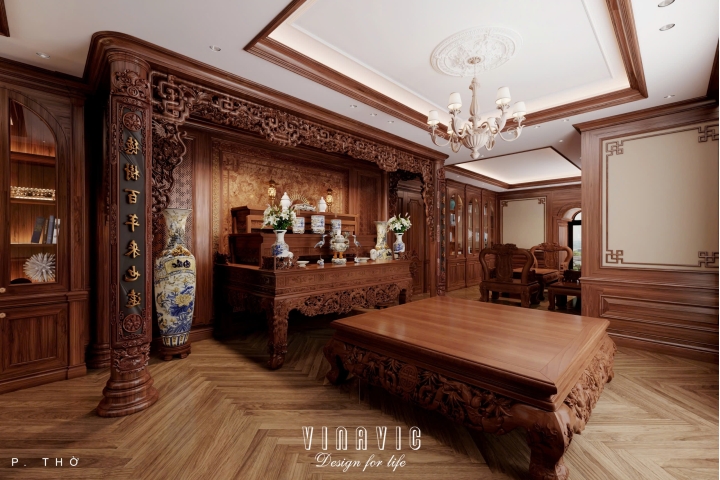 Mẫu thiết kế nội thất phòng thờ tân cổ điển gỗ cao cấp NT2336