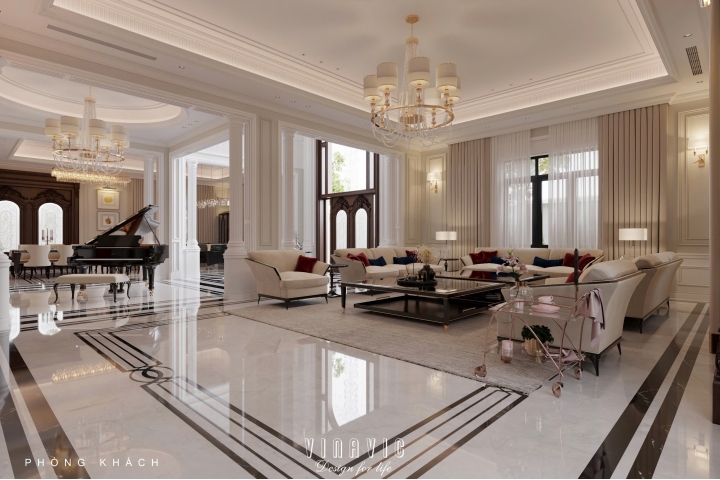 Thiết kế nội thất phòng khách tân cổ điển liên thông bếp sang trọng NT2337