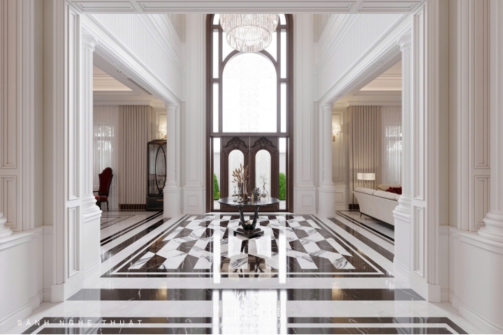 Thiết kế nội thất phòng khách tân cổ điển liên thông bếp sang trọng NT2337