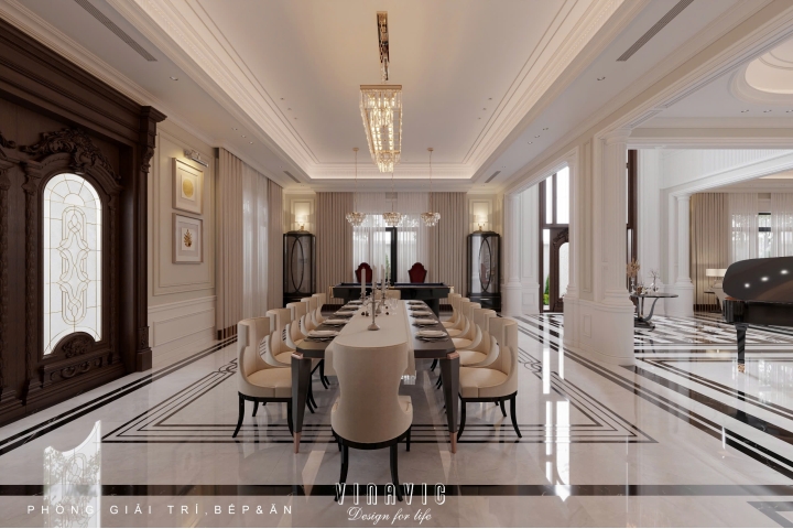 Thiết kế nội thất phòng khách tân cổ điển liên thông bếp sang trọng NT2337