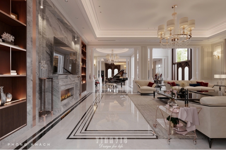 Thiết kế nội thất phòng khách tân cổ điển liên thông bếp sang trọng NT2337