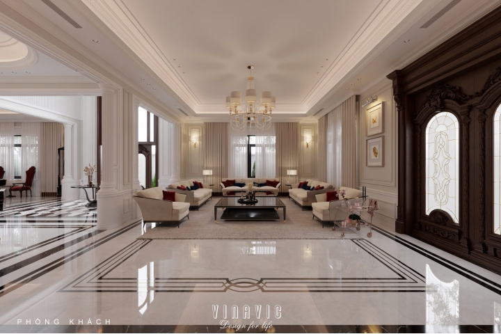 Thiết kế nội thất phòng khách tân cổ điển liên thông bếp sang trọng NT2337